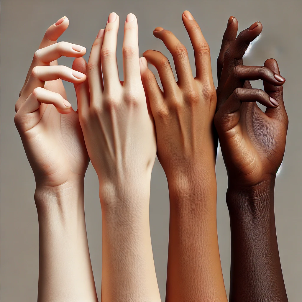 A display of four hands showcasing a gradient of skin tones ranging from light to dark.