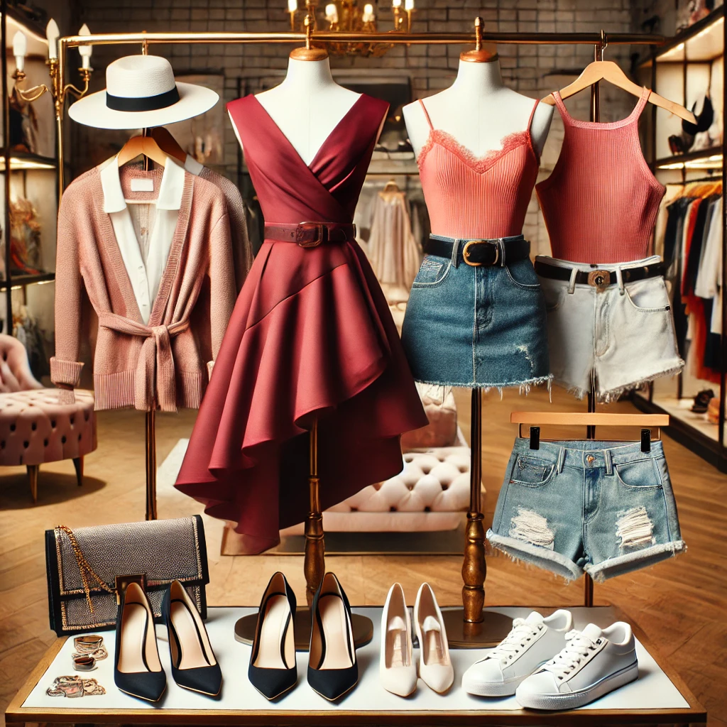 Here is an image showcasing two stylish outfit sets designed for medium skin tones, complete with fashion accessories.