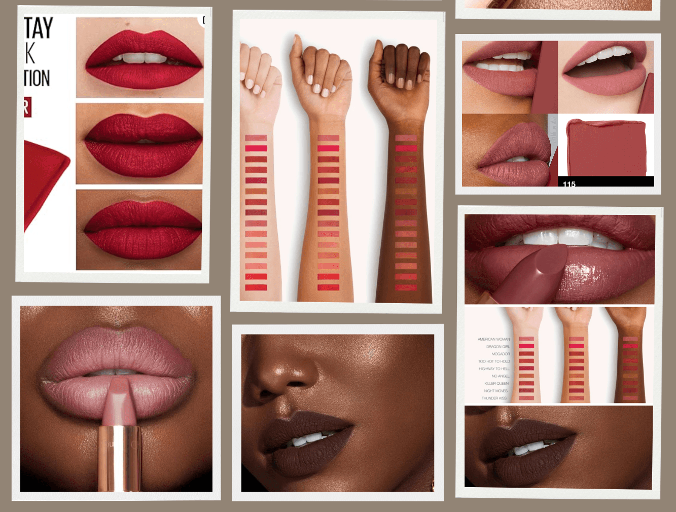A collage featuring different lipstick shades, swatches on various skin tones, bold red and nude lipstick looks, and a woman with a bright smile.