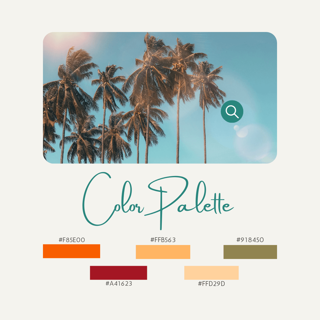 A tropical color palette featuring shades of orange, mustard yellow, deep red, olive green, and sky blue with palm trees in the background.