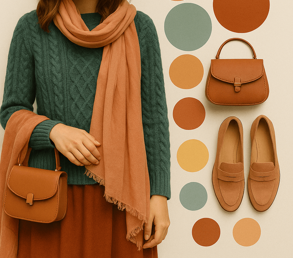 Magazine-style cover featuring a woman in a teal sweater, dusty coral scarf, rust skirt, and tan accessories, with soft autumn color circles and a close-up eye detail. The brand name "Style by Shades" is displayed at the top.