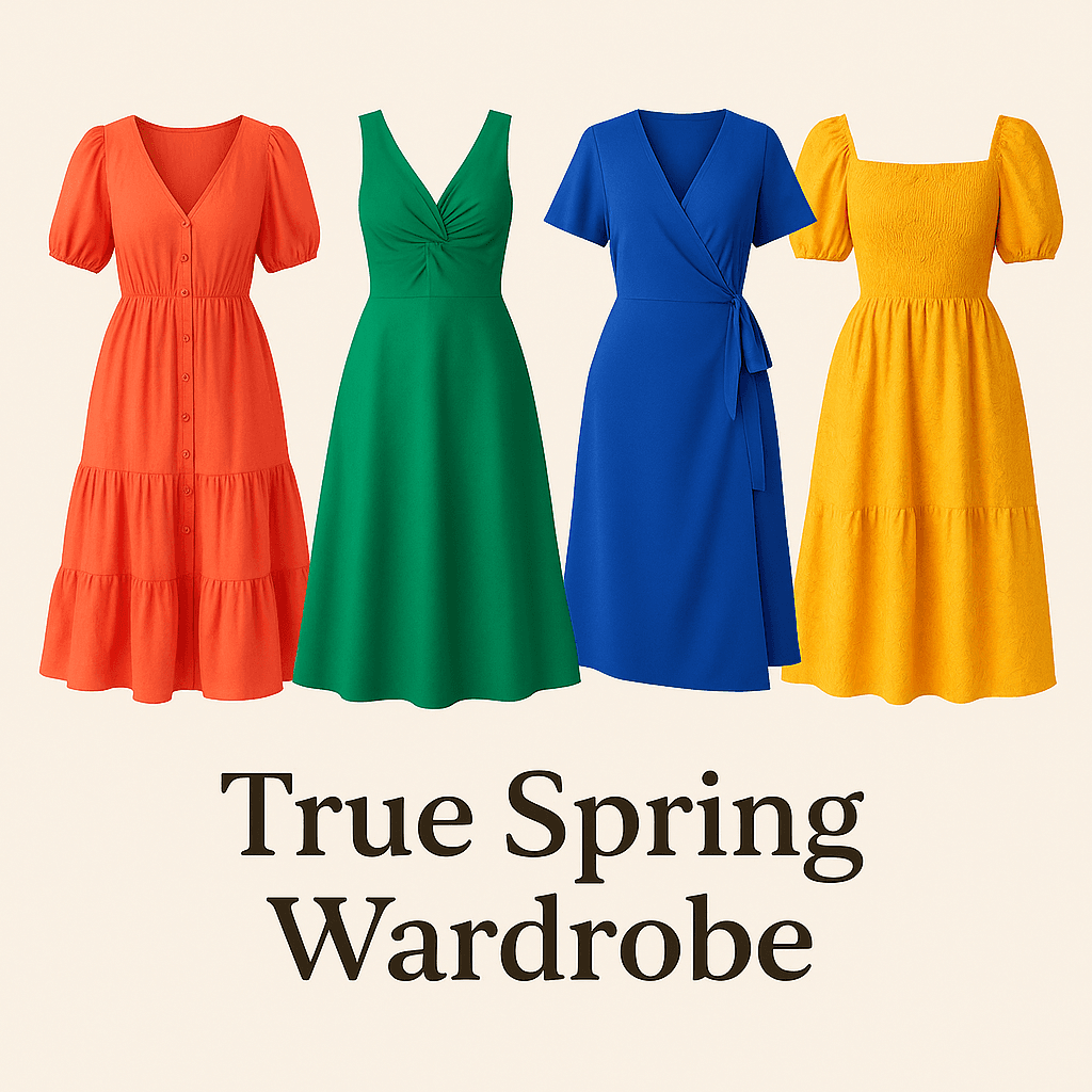 A set of four dresses in coral, golden yellow, bright blue, and fresh green tones representing a True Spring wardrobe.