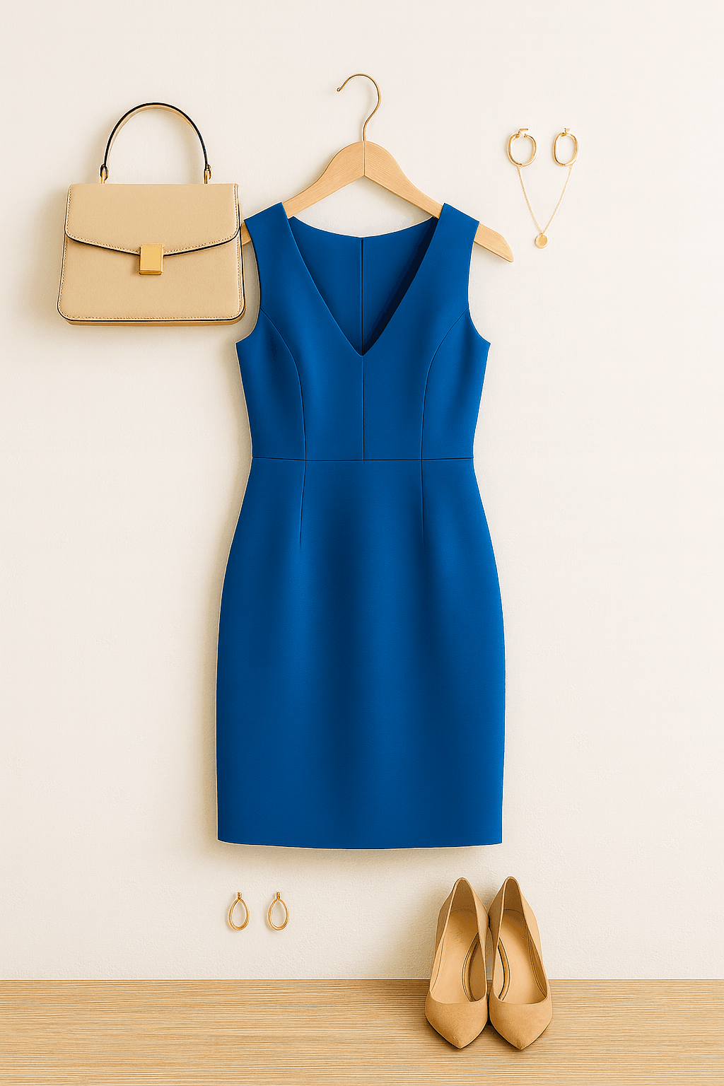 A chic knee-length blue dress styled with contrasting accessories in warm neutral tones, including a tan handbag, nude heels, and gold jewelry.