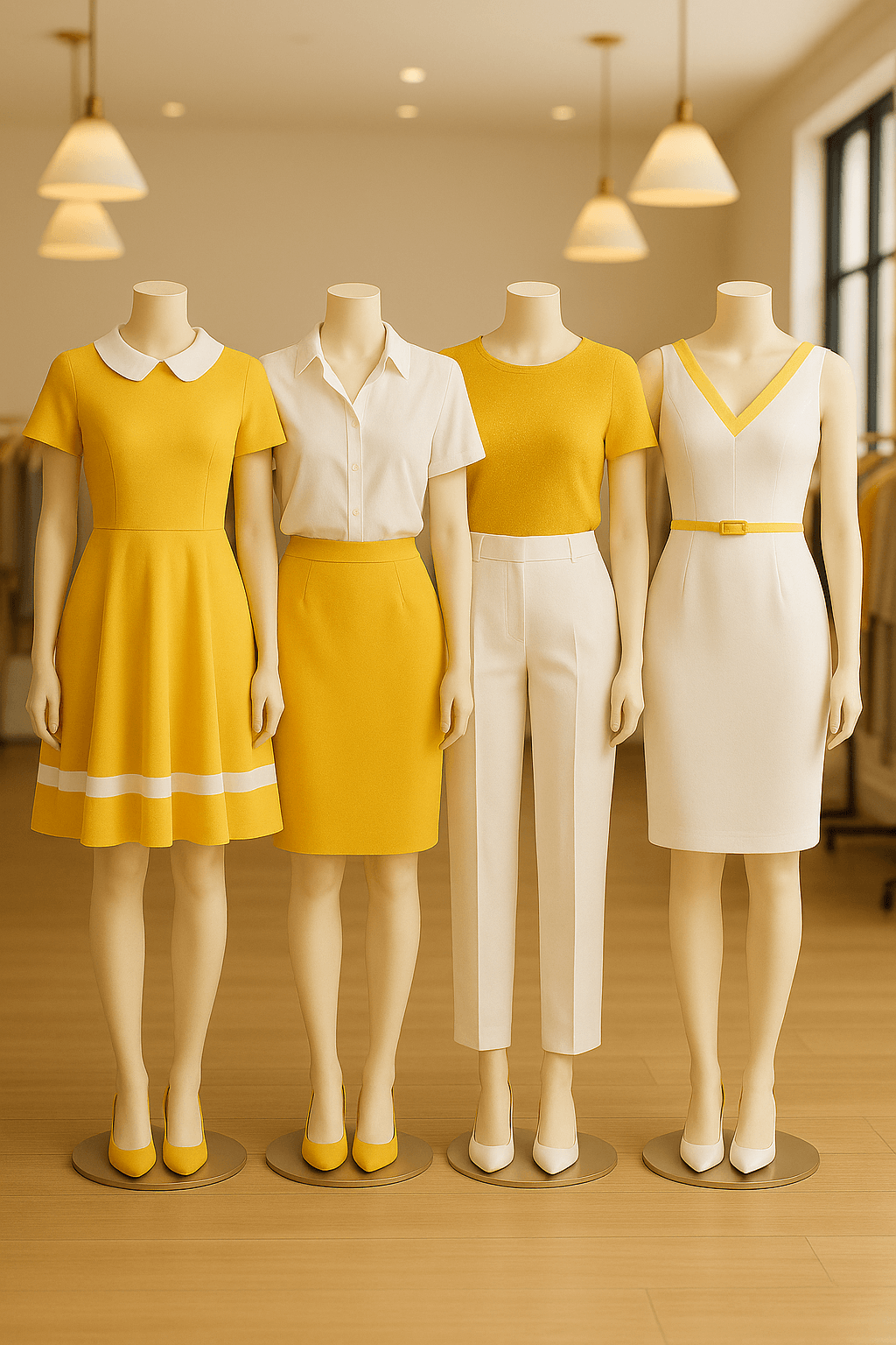 “Boutique display of four mannequins in yellow and white outfits – a yellow dress with white trim, a white blouse with yellow pencil skirt, a yellow top with white trousers, and a white sheath dress with yellow belt.”