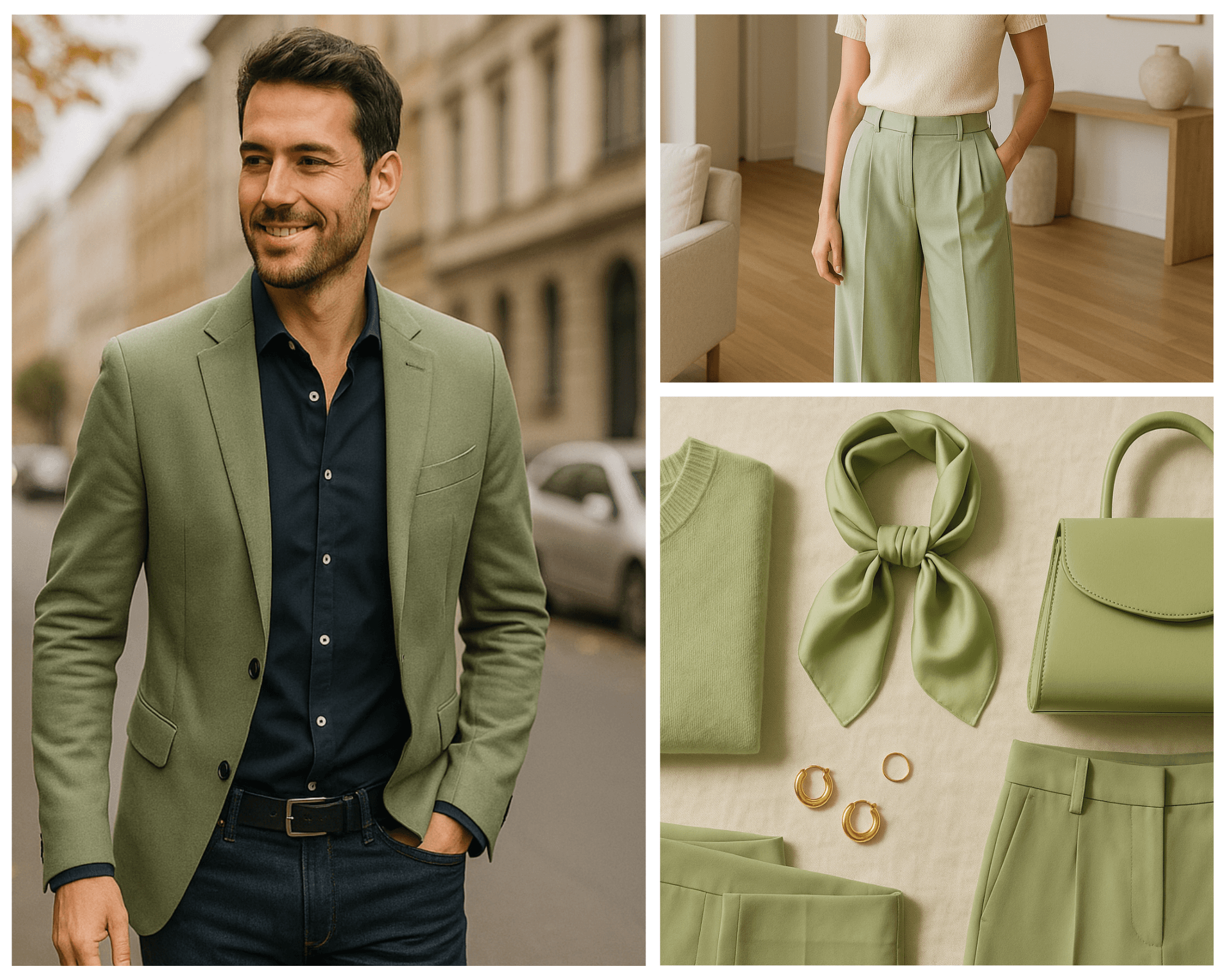 Collage of pistachio green fashion looks and accessories including a man in a blazer, a woman in trousers, and flat lay styling.